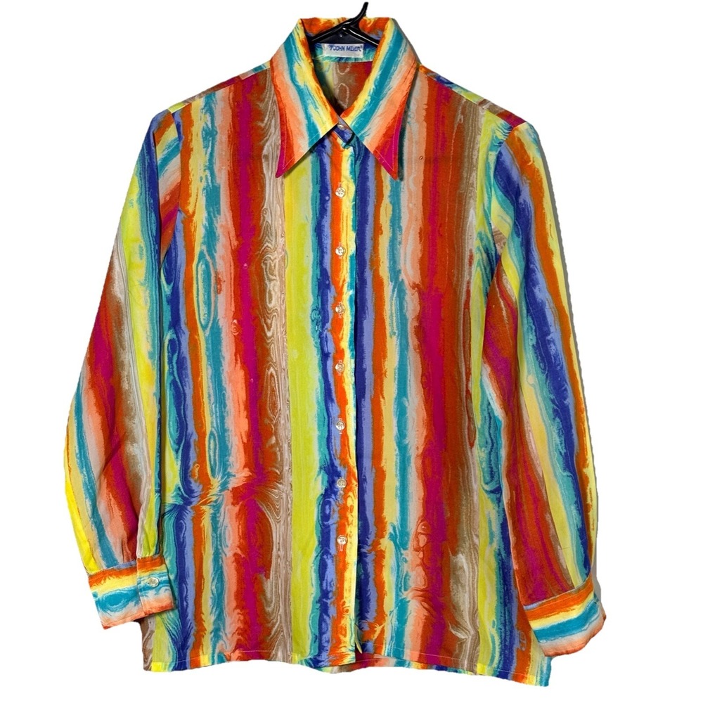 Vintage 70s John Meyer Psychedelic Abstract Art Blouse Womens M Button Up USA - Picture 2 of 15